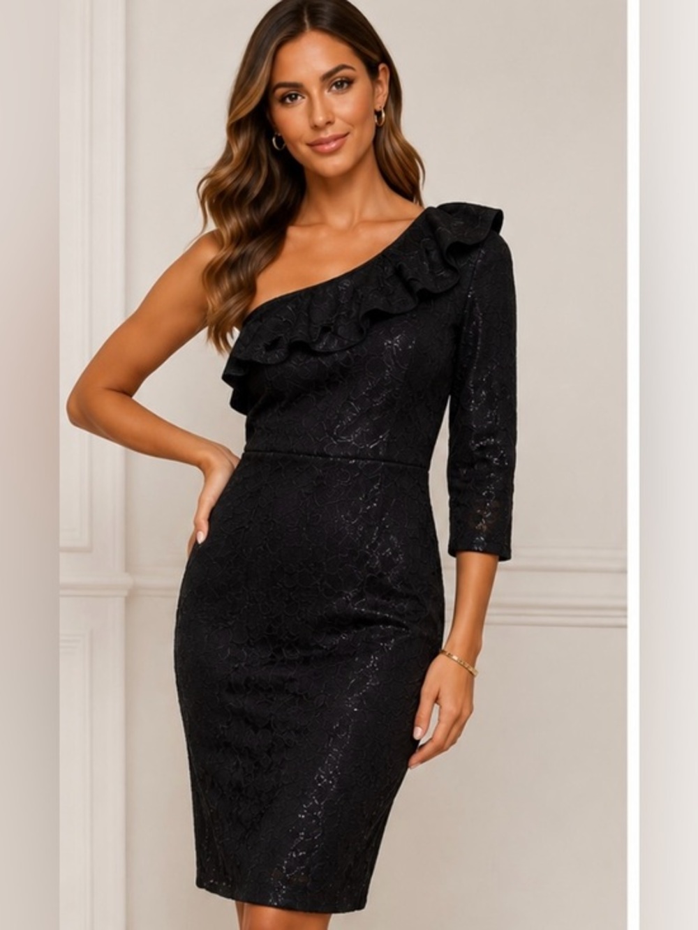 Superfoxx Black One Shoulder Lace Ruffle Cocktail Dress Size Large